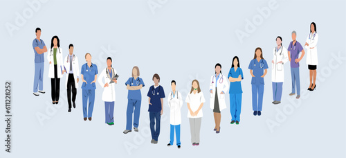 Set of male and female characters of doctors. Surgeons, doctors, nurses. Conceptual illustration, hospital medical team, nurse, poster. Vector template for design
