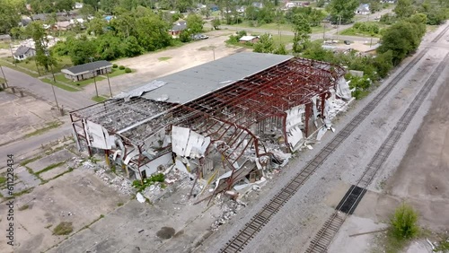 2023 Tornado damage of warehouse in Selma, Alabama with drone moving in a circle. photo