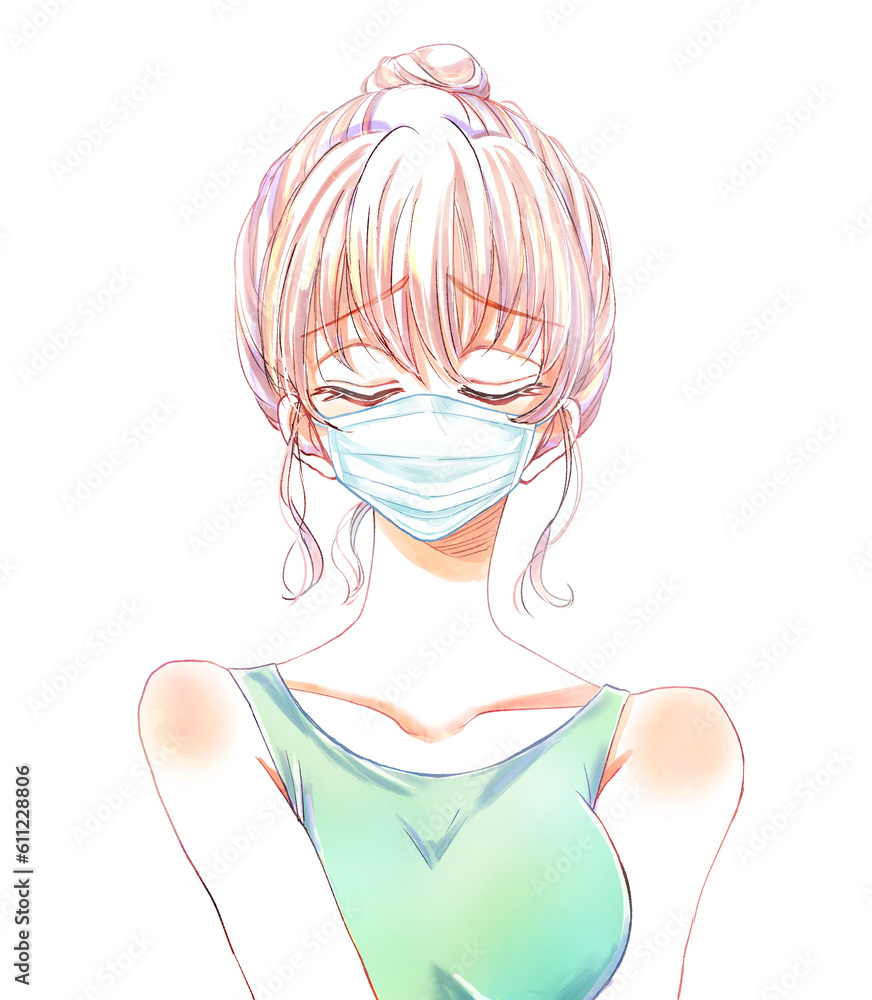 マスクをつけた困っている女性　タンクトップ