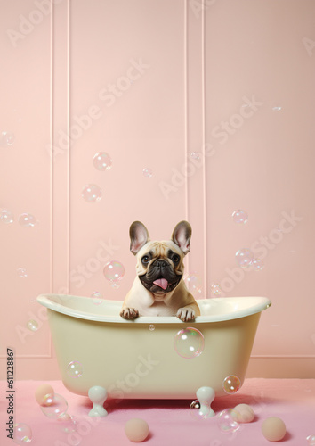 Cute french bulldog dog in a small bathtub with soap foam and bubbles, cute pastel colors.