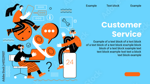 Online customer assistance service web banner. Customer support landing page with people. Call center operator. Vector flat design.