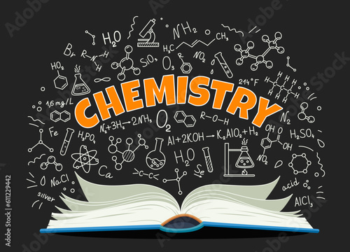 Chemistry textbook and formulas, school education and study vector chalkboard background. Chemistry book with chalk doodle of chemical formulas and laboratory test tubes for student lessons study