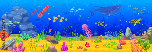 Cartoon underwater sea landscape and animals. Ocean bottom life landscape with fishes shoals, squid and turtle, whale, stingray and seaweed. Seabed seascape or coral reef deep wildlife vector backdrop