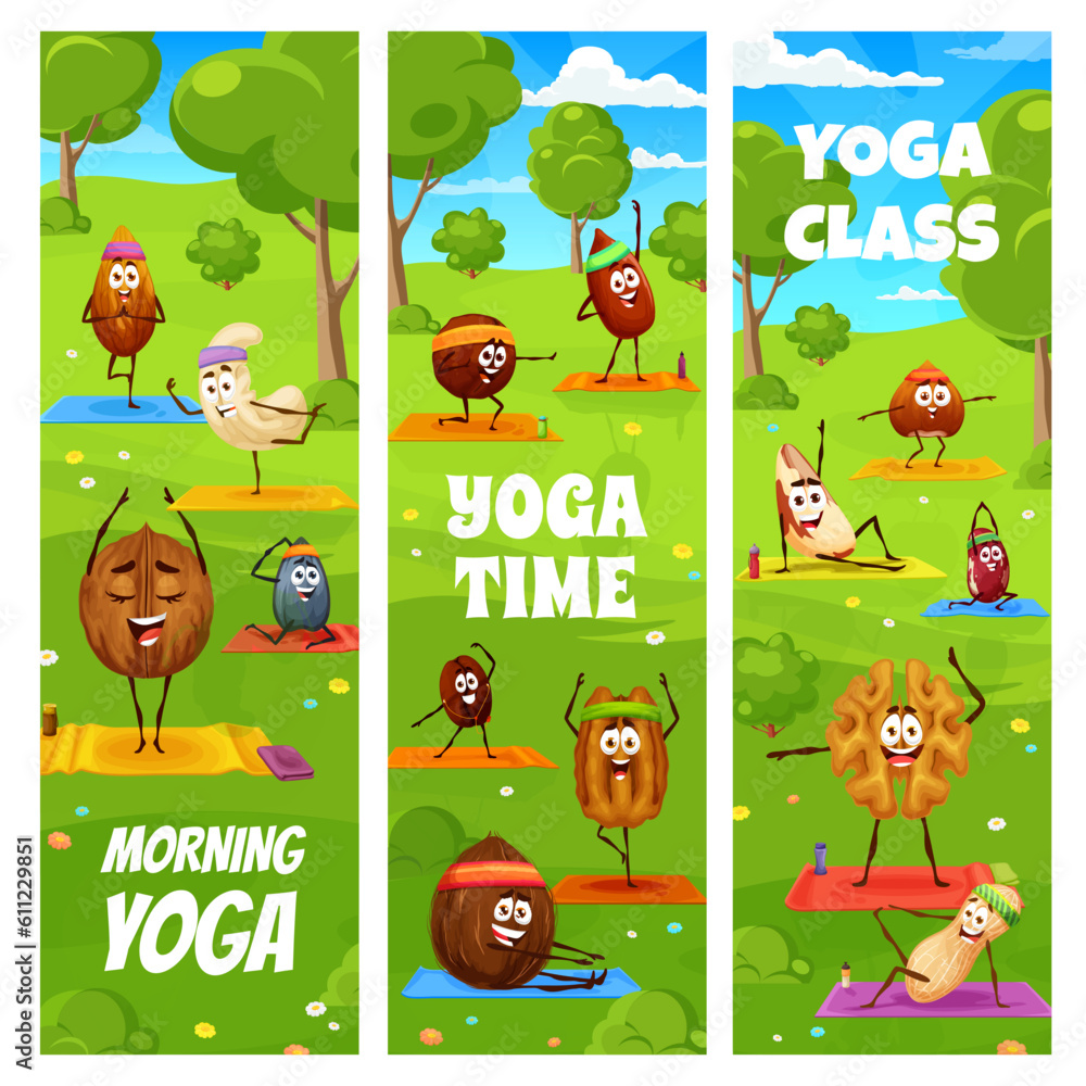 Obraz premium Kids yoga and fitness class, cartoon nuts characters on yoga. Vector banners with coffee or kidney bean, hazelnut, almond, coconut, pekan and peanut, brazil or macadamia. Sunflower or pumpkin seeds