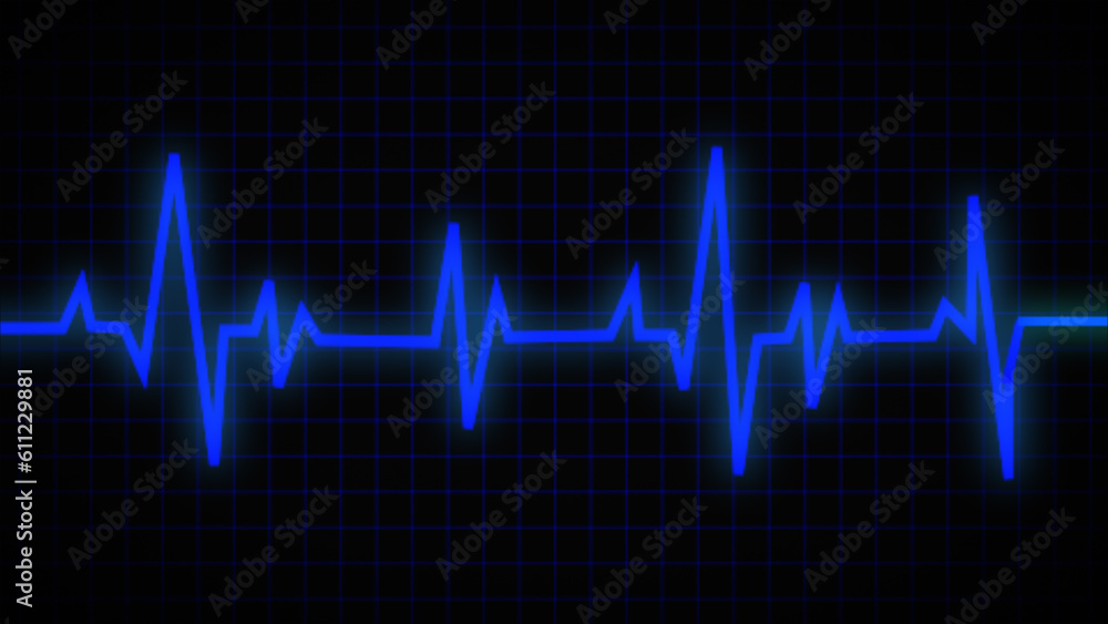 Blue artwork background with an oscilloscope screen and a cardiogram