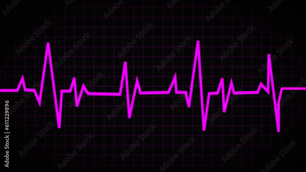 Black screen with neon cardiac rate and pulse. On a black backdrop, a cardiogram. EKG heart rate monitor Cardiogram