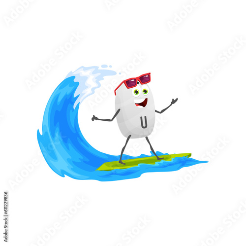Cartoon vitamin U character on surfboard on sea wave. Isolated vector capsule surfer wear sunglasses. Methylmethionine sulfonium happy food supplement personage riding wave resting at summer beach photo