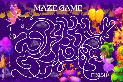 Labyrinth maze help to fairy find her friend in fantasy forest. Kids vector worksheet with cute pixie holding wands flying in magic wood. Board game teaser choose correct entrance to pass the route