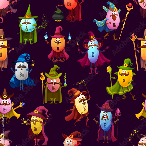 Cartoon vitamin wizards, mages and sorcerers characters seamless pattern. Vector background with food supplements capsules personages holding magical wands and staffs. Funny magicians cast spells