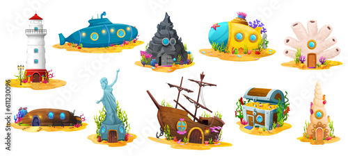 Cartoon underwater buildings game asset. Isolated vector sunken ship, boat and submarine. Stone, coral or shell fairy houses, treasure chest and lighthhouse houses