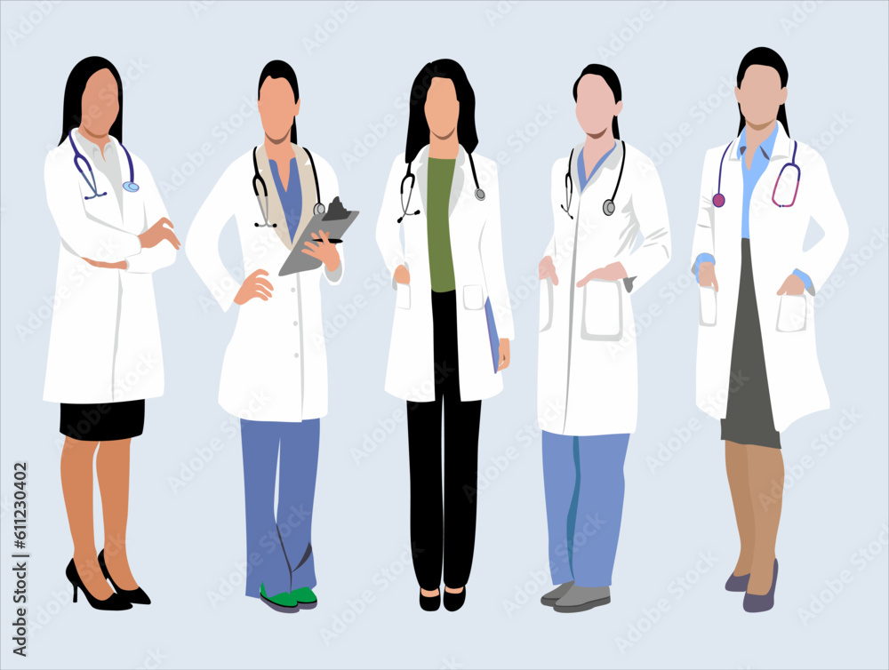 Set of female doctor with stethoscope in isolated background. Set of female doctor with stethoscope in isolated background.