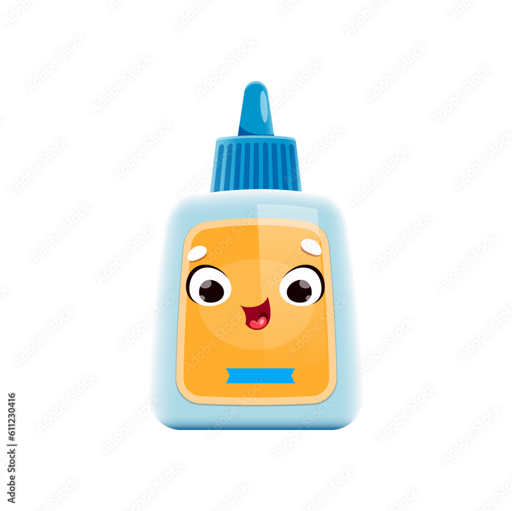 Cartoon glue, school character or mascot, back to school stationery supply, vector kids education. Cute funny happy cartoon bottle of glue, school education kawaii emoji or emoticon with face smile Cartoon glue, school character or mascot, back to school stationery supply, vector kids education. Cute funny happy cartoon bottle of glue, school education kawaii emoji or emoticon with face smile