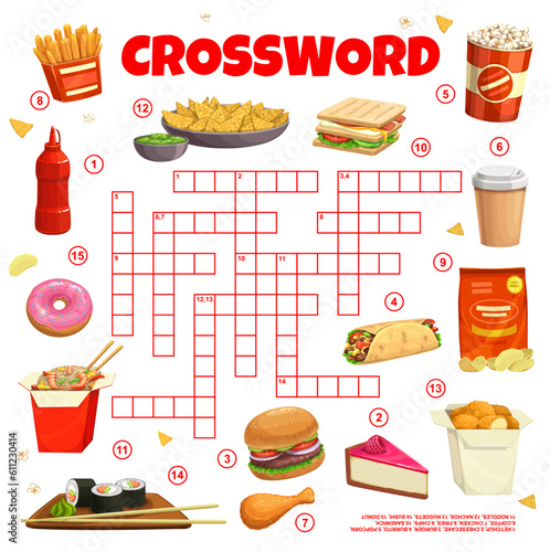 Fast food and snacks crossword grid. Find a word quiz game, vocabulary riddle or crossword vector worksheet with french fries, sandwich and popcorn, coffee, donut, noodles and sushi fast food meals