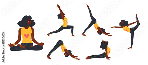 Set of slim sportive young woman doing yoga, fitness exercises. Healthy lifestyle. Yoga poses for get strong hips in flat design. Vector Illustration.