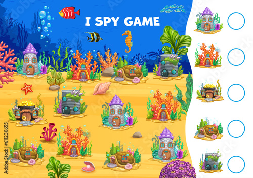 I spy game, fairytale underwater town houses kids puzzle quiz vector worksheet. Cartoon buildings on sea bottom, counting game with cute seashell, coral, turtle shell, tin can and treasure pot homes
