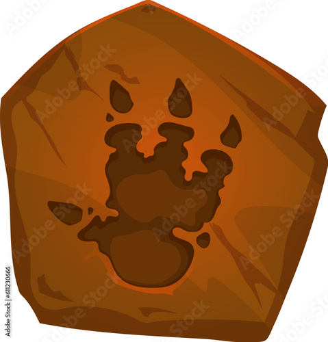 Jurassic dinosaur cartoon footprint, archeology fossil. Jurassic era dino paleontology science footprint, prehistory monster claws archeology stone imprint or extinct reptile fossil foot vector track