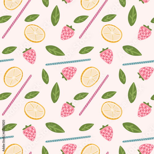 Fototapeta Naklejka Na Ścianę i Meble -  Cocktail seamless pattern. Mojito texture. Lemon, strawberries, and mint. Nice illustration for wrapping paper, decoration, textile. Vector