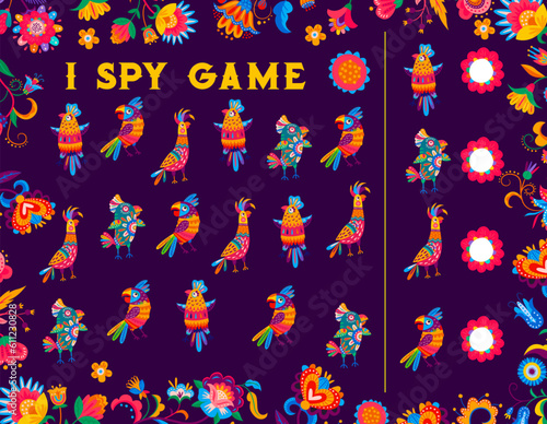 I spy game, Mexican and Brazilian parrots with floral motif, vector kids puzzle worksheet. Find and match two same tropical birds, quiz game with colorful parrots and Mexican or Brazilian flowers