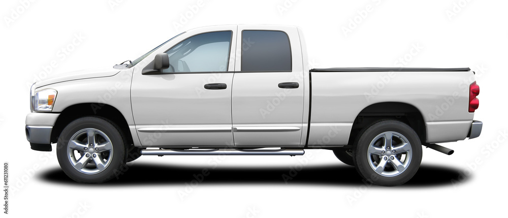 Modern powerful American white pickup truck, side view in png format. - obrazy, fototapety, plakaty 