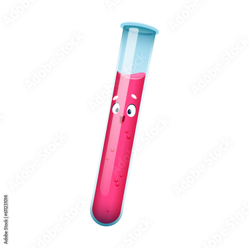 Cartoon chemical flask or tube, back to school and education vector funny character. Chemistry lesson cute flask tube with face and smile, student school mascot emoji or emoticon for back to school