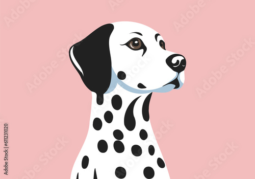 Vector portrait of a cute beautiful purebred black and white devoted dog of the Dalmatian breed on an isolated pink background.