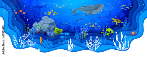 Cartoon whale, tropical fish shoal, turtle and seaweeds on sea paper cut underwater landscape. 3d vector scene with wild animals amidst serene ocean depth with corals, bubbles and rocks papercut art