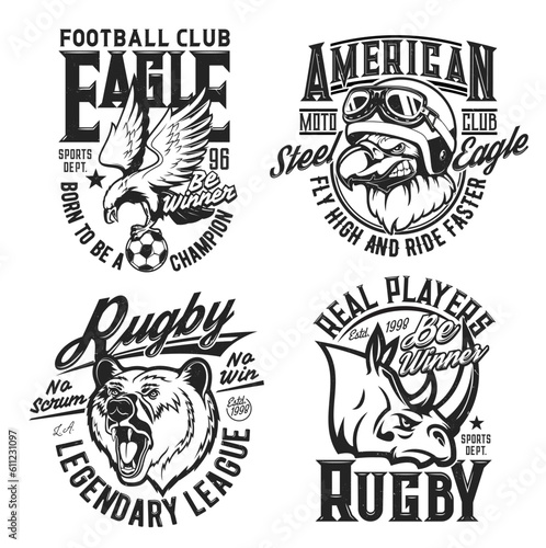 Bear, rhino and eagle mascots, t-shirt prints for sport club and moto races, vector emblems. Rugby or football soccer team league and varsity club badges, motocross racing and speedway rally signs