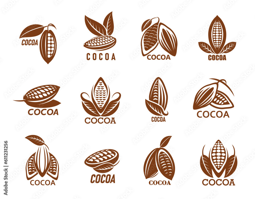 Cocoa icons, cacao or chocolate beans with leaf, vector coffee tree symbols. Cocoa seeds icons for food labels of candy, choco cream or butter and chocolate drink or dessert products Cocoa icons, cacao or chocolate beans with leaf, vector coffee tree symbols. Cocoa seeds icons for food labels of candy, choco cream or butter and chocolate drink or dessert products