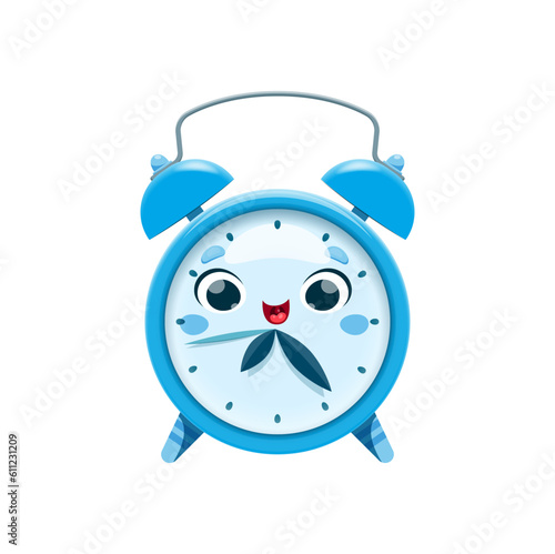 Cartoon alarm clock, school character or education mascot, vector happy funny smile. Back to school or kids student study, cute cartoon alarm clock with face, school comic stationery for education