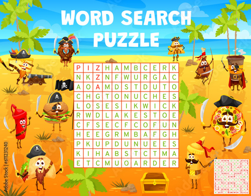 Word search puzzle. Cartoon pirates fastfood characters on treasure island game worksheet. Vector grid with pizza, hamburger, tacos and nachos. Donut, chicken, cheesecake, coffee, ketchup or mustard