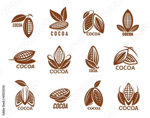 Cocoa icons, cacao or chocolate beans with leaf, vector coffee tree symbols. Cocoa seeds icons for food labels of candy, choco cream or butter and chocolate drink or dessert products