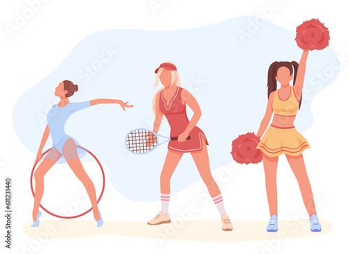 Colored female cartoon characters engaged in different kinds of sports. Aerobics, figure gymnastics, tennis, cheerleading. Girl with hoop, woman with badminton racket, teenager with cheering duster
