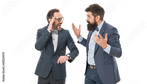 Sharing good business news. bearded businessmen in formal suit. business meeting. team success. mature men have own business. partnership of boss men isolated on white. collaboration and teamwork