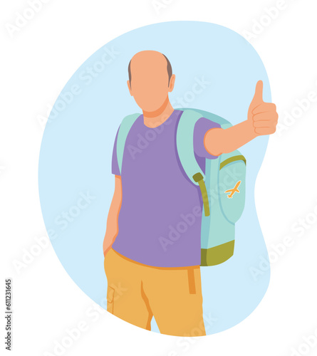 Male backpacker overseas, discovering new places, exciting journey. Bald elderly man goes on trip. Preparation of luggage for air travel. Excellent reviews about trip
