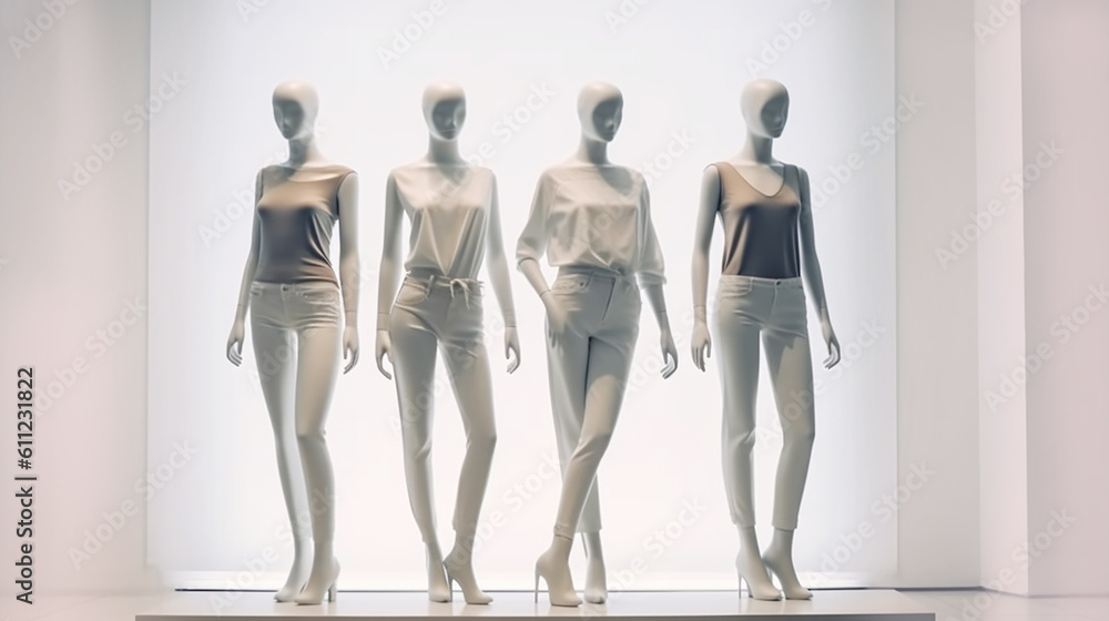 Female mannequins on a white background. Shop window. Women dolls