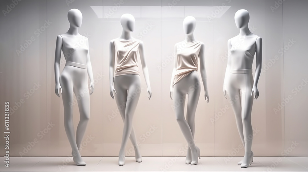 Female mannequins on a white background. Shop window. Women dolls. Fashion. Generative Ai Female mannequins on a white background. Shop window. Women dolls. Fashion. Generative Ai