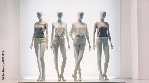 Female mannequins on a white background. Shop window. Women dolls. Fashion. Generative Ai photo