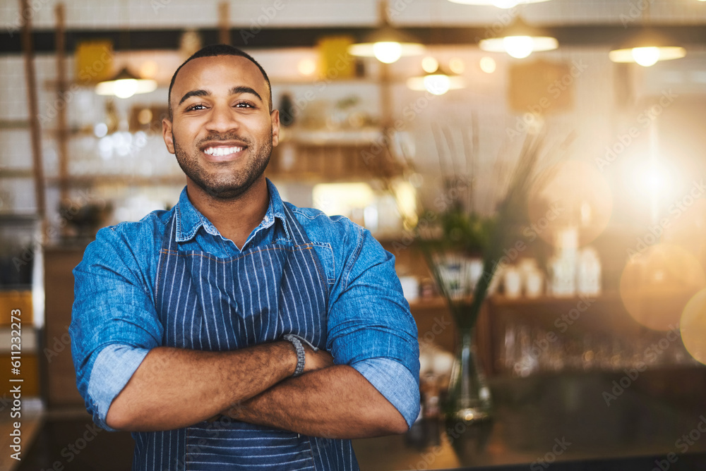Coffee shop, barista and portrait of happy black man in restaurant for service, working and crossed arms. Small business owner, bistro and professional male waiter smile in cafeteria ready to serve Coffee shop, barista and portrait of happy black man in restaurant for service, working and crossed arms. Small business owner, bistro and professional male waiter smile in cafeteria ready to serve