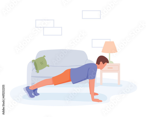 Time for abdomen exercises, planking. Male character doing sports at home. Floor pushup. Fitness at time convenient for you, in comfortable conditions. Caring for your own body and health