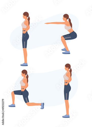 Lunges, squats, sequence of exercises. Fitness step by step, instruction manual. Basic poses. Female character does gymnastics. Process of improving body using sports
