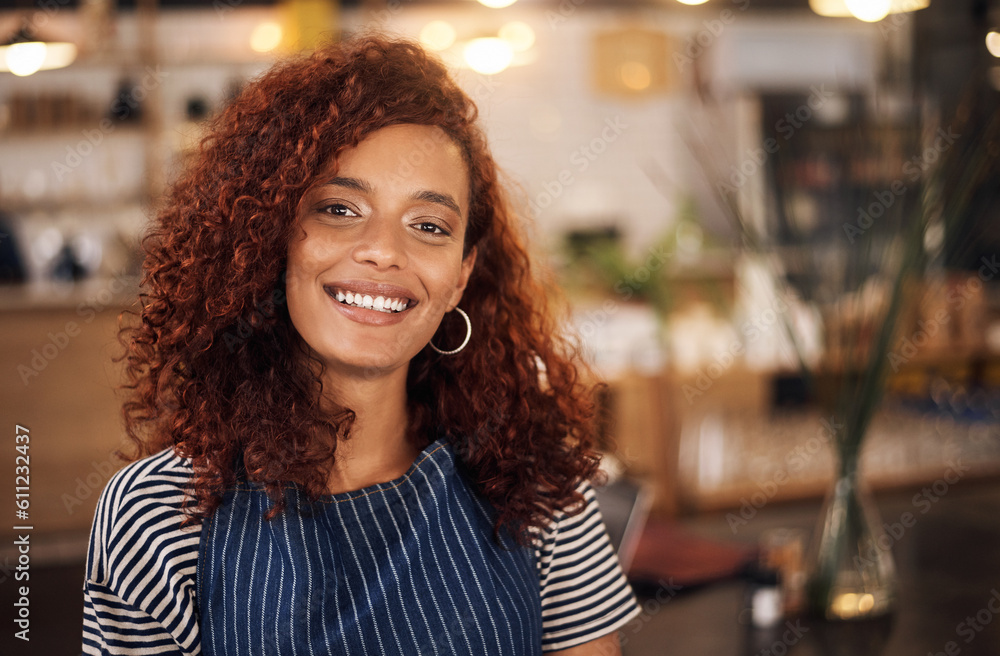 Coffee shop, barista and portrait of happy woman in cafe for service, working and smile for bistro startup. Small business owner, restaurant and face of female waitress in cafeteria ready to serve Coffee shop, barista and portrait of happy woman in cafe for service, working and smile for bistro startup. Small business owner, restaurant and face of female waitress in cafeteria ready to serve
