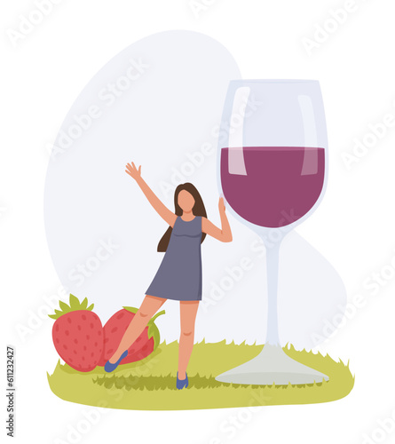 Female character near giant goblet of berry wine. Tasting of alcoholic beverages. Winemaking process. Glass of natural red wine, large portion. Color vector image in flat style
