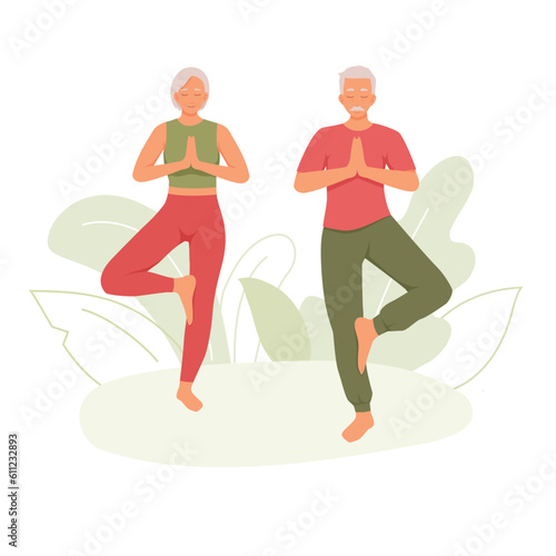 Elderly couple doing asanas together. Male and female character standing in tree pose, balancing yoga. Smiling senior people doing yoga. Balance and meditation. Exercise outside