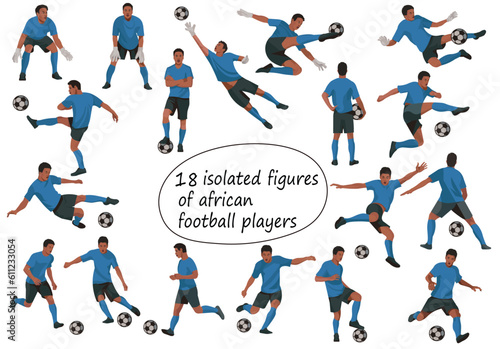 Vector figures of black football players and goalkeepers in blue T-shirts in various poses on a white background