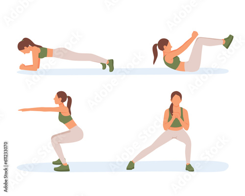 Regular physical activity and healthy lifestyle. Daily physical exercises. Energetic fitness alone. Female character does gymnastics. Set of exercises for different muscles