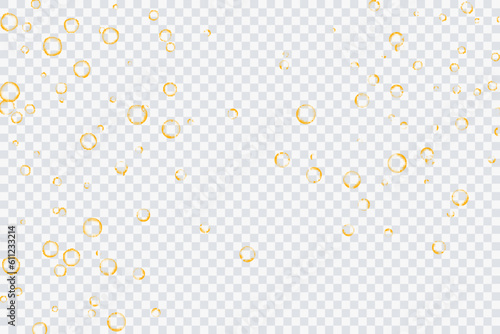 Golden air bubbles, oxygen, champagne crystal clear, isolated on a transparent background of modern design. Vector illustration of eps 10.