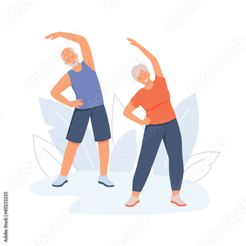 Smiling grandparents doing morning exercises and yoga. Exercising outside, elderly couple doing inclines. Smiling athletes of retirement age. Fitness for older age category