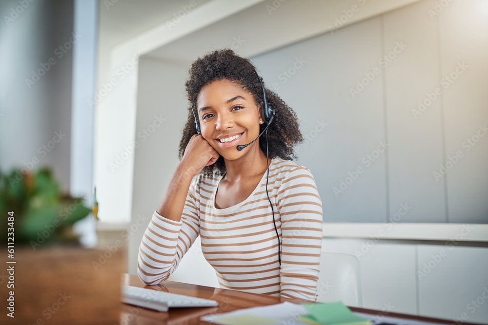Call center, virtual assistant or portrait of friendly black woman in communication, speaking or talking. Customer services, smile or happy sales agent girl with microphone at technical support Call center, virtual assistant or portrait of friendly black woman in communication, speaking or talking. Customer services, smile or happy sales agent girl with microphone at technical support