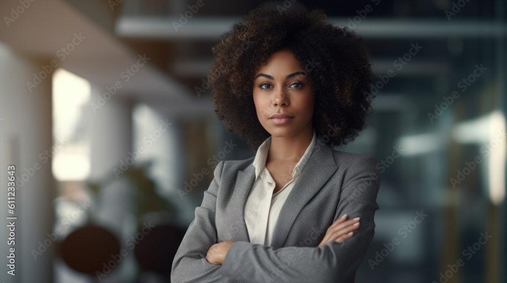 Obraz premium Bllack woman in a business suit standing in a confident pose. Woman's rights equality success of African-American people generative ai