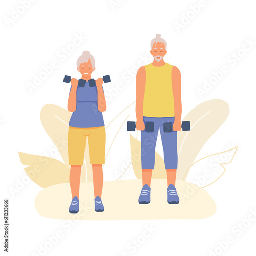Senior people doing sports together. Gray-haired couple lifts dumbbells, trains muscles of arms and back. Gentle physical exercises for elderly. Color vector illustration in flat style